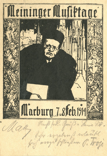 Offizielles Plakat der  Musiktage Marburg 1914, Exemplar mit eigenhändiger Unterschrift von Max Reger u.a. – Max-Reger-Institut, Karlsruhe, Fotoalbum Elsa Regers.